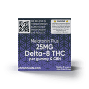 Side of Cannabis Life Blue Dream gummies box showing melatonin, Delta-8 THC, CBN, a lab results QR code, and warning label.