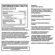 Cannabis Life Blue Dream gummies information panel showing Delta-8 THC, CBN, melatonin, ingredients, directions, and warnings.