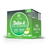 Angled view of Cannabis Life Green Apple Delta-8 THC gummies box labeled Max Strength, 30 gummies, and 1,500mg per jar.
