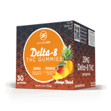 Angled view of Cannabis Life Mango Twist Delta-8 THC gummies box labeled 30 gummies, 25mg per gummy, and 750mg per jar.