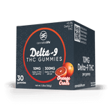 Angled view of Cannabis Life Orange Crush Delta-9 THC gummies box showing front and side labels, with 30 gummies per jar.