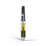 Vape cartridge with a black mouthpiece, clear chamber filled with golden oil, and silver threaded base on a white background.
