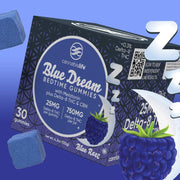 Cannabis Life Blue Dream gummies box with blue gummy, raspberry, crescent moon, and floating Z graphics on a blue background.