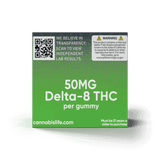 Side of Cannabis Life Green Apple gummies box showing 50mg Delta-8 THC per gummy, a lab results QR code, and warning.