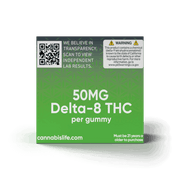Side of Cannabis Life Green Apple gummies box showing 50mg Delta-8 THC per gummy, a lab results QR code, and warning.