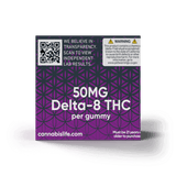Side of Cannabis Life Kushberry gummies box showing 50mg Delta-8 THC per gummy, a lab results QR code, and warning.