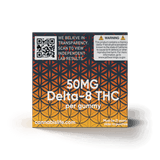 Side of Cannabis Life Mango Haze gummies box showing 50mg Delta-8 THC per gummy, a lab results QR code, and warning.