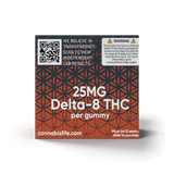 Side of Cannabis Life Mango Twist gummies box showing 25mg Delta-8 THC per gummy, a lab results QR code, and warning.