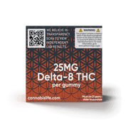 Side of Cannabis Life Mango Twist gummies box showing 25mg Delta-8 THC per gummy, a lab results QR code, and warning.