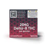 Side of Cannabis Life Pink Paradise gummies box showing 25mg Delta-8 THC per gummy, a lab results QR code, and warning.