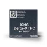 Side of Cannabis Life Lemon Lime gummies box showing 10mg Delta-9 THC per gummy and a QR code for independent lab results.