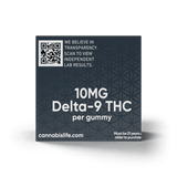 Side of Cannabis Life Orange Crush gummies box showing 10mg Delta-9 THC per gummy and a lab results QR code.