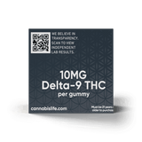 Side of Cannabis Life Yuzu Euphoria gummies box showing 10mg Delta-9 THC per gummy and a QR code for independent lab results.