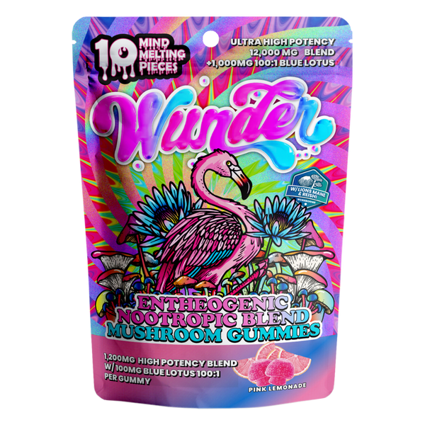 Front of Pink Lemonade Mushroom Gummies with Blue Lotus package featuring vibrant pink lemonade-inspired artwork with sleek, modern design