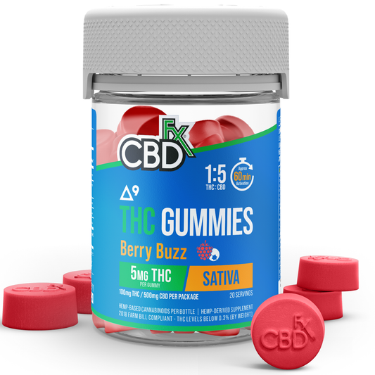 Front of Berry Buzz THC Gummies package with vibrant mixed berry design