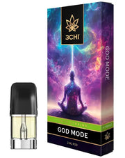 Front of 3CHI God Mode Pods with THC featuring sleek design and celestial-inspired, powerful packaging