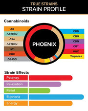 Visual breakdown of True Strains Phoenix THC Vape showing the exact cannabinoid content, including THC, CBD, and minor cannabinoids
