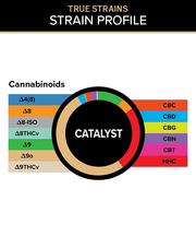 3CHI True Strains Catalyst gummies cannabinoid breakdown chart with a color-coded ring and labeled cannabinoid legend.