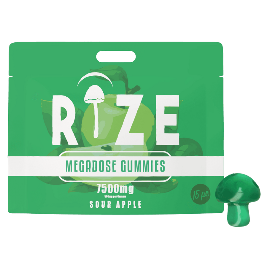 Front of Rize Sour Apple Mushroom Gummies package featuring sleek design and bold sour apple-inspired artwork