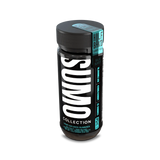 Angled view of Half Bak’d Baja Burst Sumo Gummies bottle showing black packaging with bold white "SUMO" text, turquoise flavor tab, and detailed dosage info.