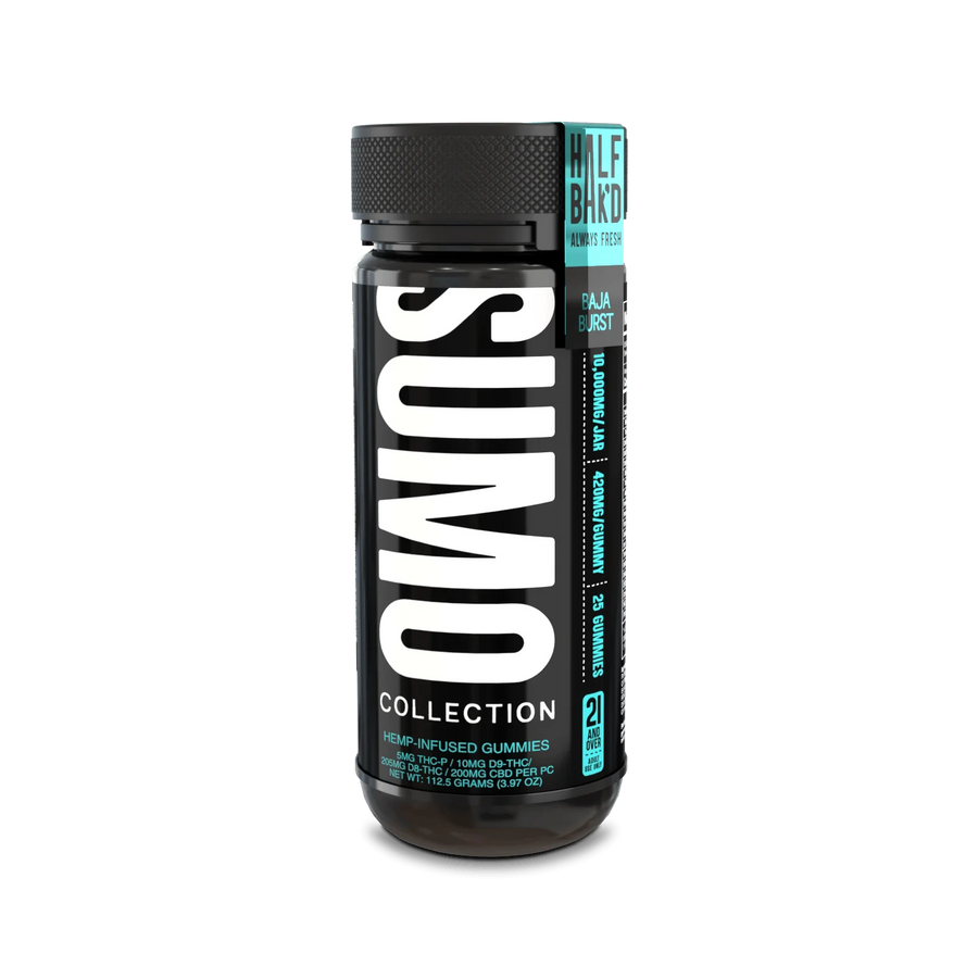 Black bottle of Half Bak’d Baja Burst Sumo Gummies standing upright, with bold white "SUMO" text running vertically and turquoise accents on the cap and label.