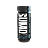 Alt Text: Front view of Half Bak’d Bluematic Razz Sumo Gummies – black cylindrical jar with bold white “SUMO” branding, labeled with 25-count, 10,000mg jar, 420mg per gummy, and THC blend details