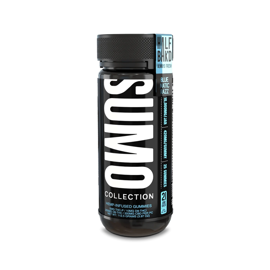 Alt Text: Front view of Half Bak’d Bluematic Razz Sumo Gummies – black cylindrical jar with bold white “SUMO” branding, labeled with 25-count, 10,000mg jar, 420mg per gummy, and THC blend details