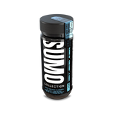 Alt Text: Angled view of Half Bak’d Bluematic Razz Sumo Gummies jar showing the 25-count label, cannabinoid dosage, and “Always Fresh” seal