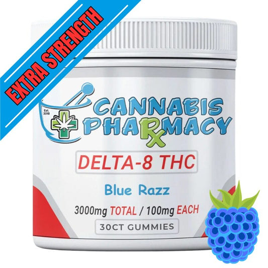 Cannabis Pharmacy Blue Raspberry Delta-8 THC Gummies jar labeled 100mg each with a 30-count capacity.