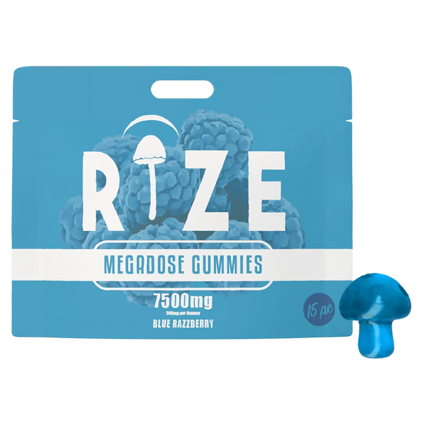Front of Rize Blue Razzberry Mushroom Gummies package featuring sleek design and vibrant blue razzberry-inspired artwork