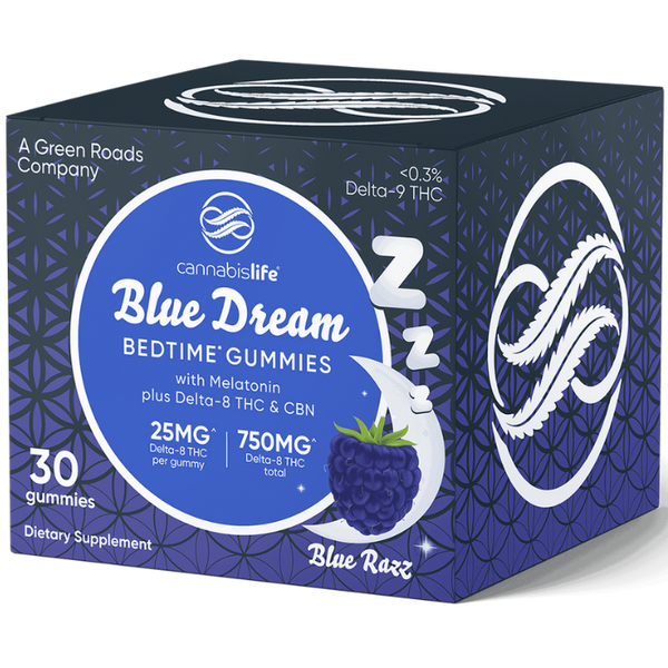 Front of Cannabis Life Blue Dream Gummies package with vibrant blue and dream-themed design