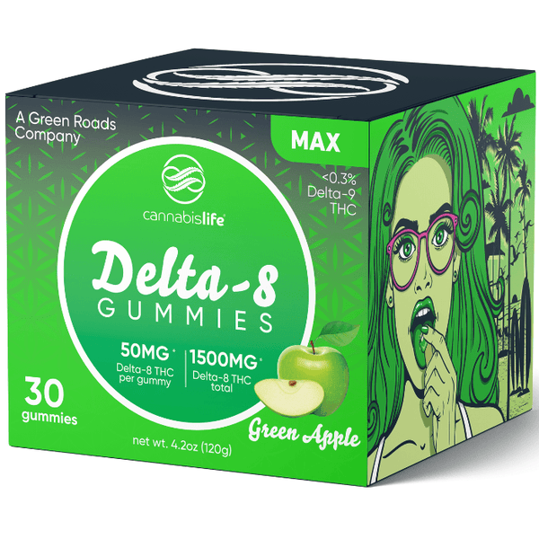 Front of Cannabis Life Green Apple D8 Gummies package with vibrant green apple design