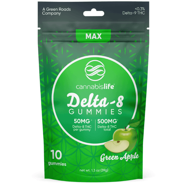Front of 10ct Green Apple D8 Gummies package with vibrant green apple design