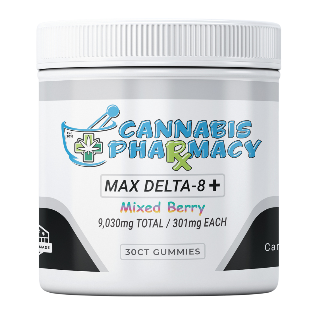 Cannabis Pharmacy Heavyweight Delta8 Max Gummies 30 count - Mixed Berry flavor with 250mg Delta 8, 50mg CBD, and 1mg THCP