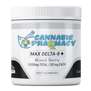 Cannabis Pharmacy Heavyweight Delta8 Max Gummies 30 count - Mixed Berry flavor with 250mg Delta 8, 50mg CBD, and 1mg THCP