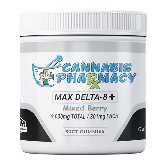 Cannabis Pharmacy Heavyweight Delta8 Max Gummies 30 count - Mixed Berry flavor with 250mg Delta 8, 50mg CBD, and 1mg THCP