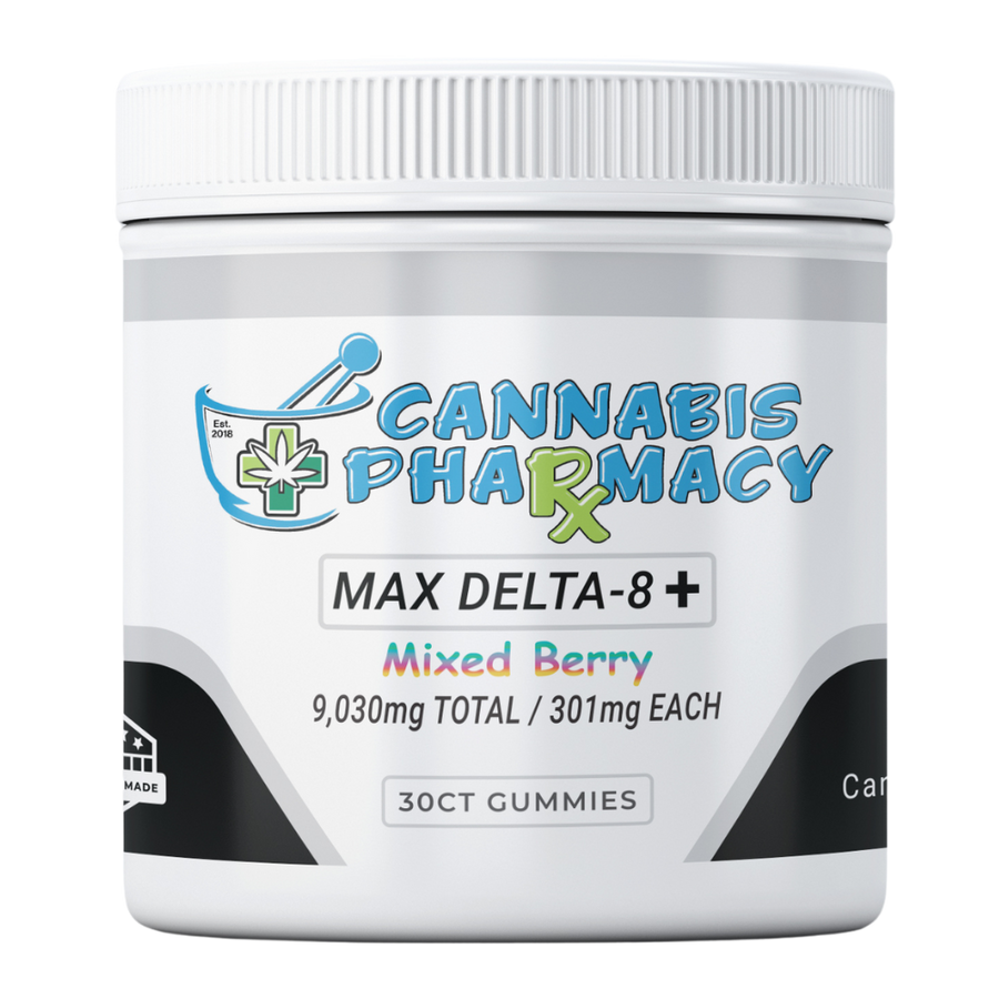 Cannabis Pharmacy Heavyweight Delta8 Max Gummies 30 count - Mixed Berry flavor with 250mg Delta 8, 50mg CBD, and 1mg THCP