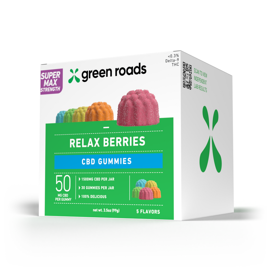 Front of Green Roads 50mg CBD Gummies package with calming design
