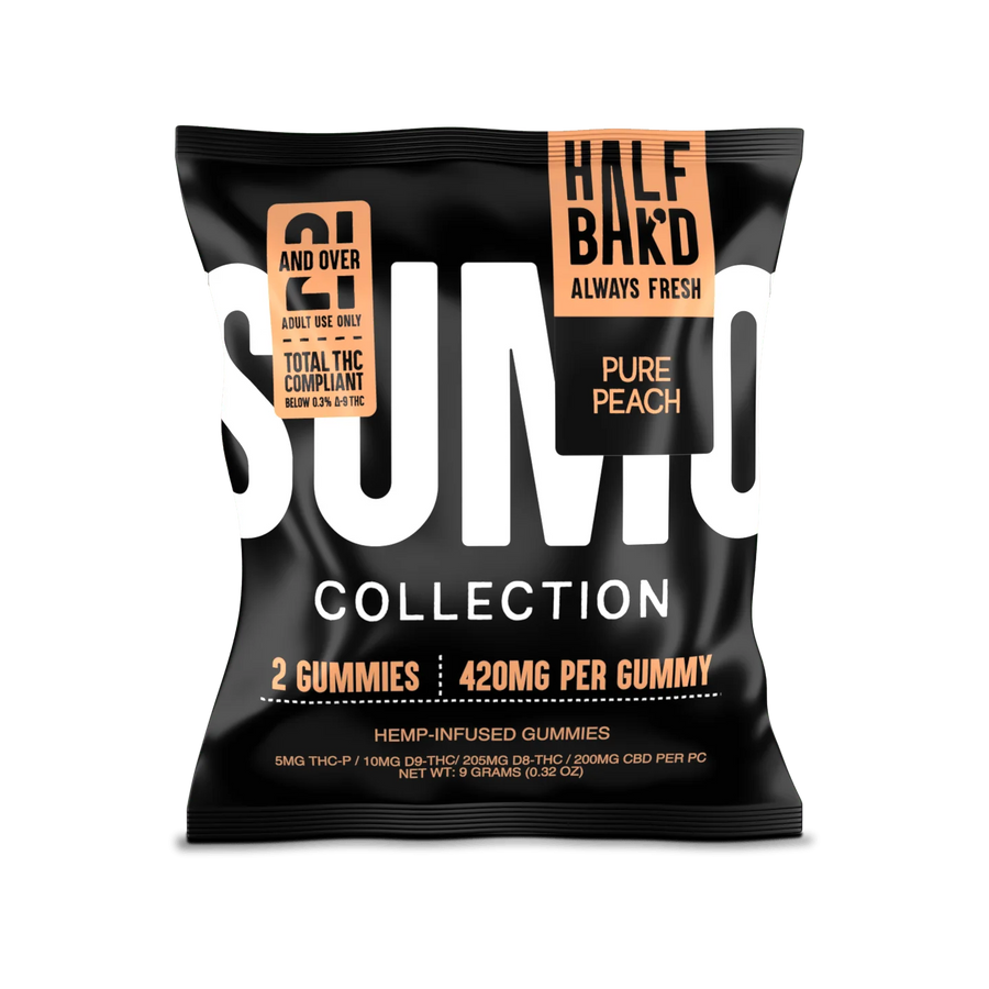 Alt Text: 2-count Pure Peach Sumo Gummies by Half Bak’d in black matte pouch with orange label and bold SUMO branding.