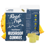 Road Trip Pineapple Mushroom Gummies – front and back of pouch shown with yellow gummies and pineapple slices.