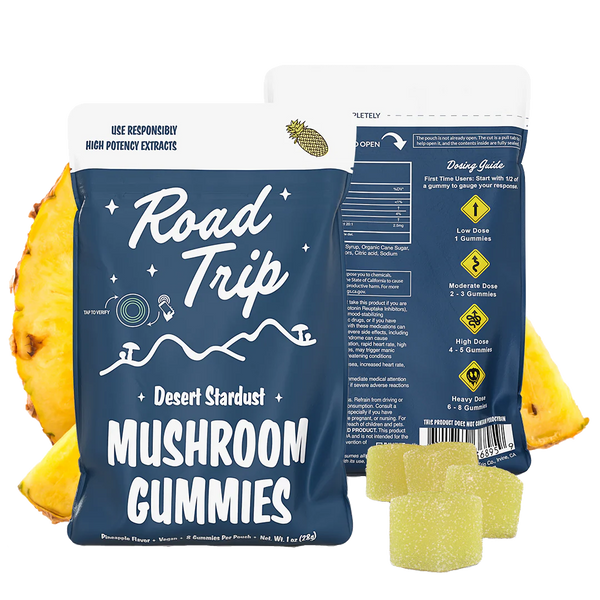 Road Trip Pineapple Mushroom Gummies – front and back of pouch shown with yellow gummies and pineapple slices.