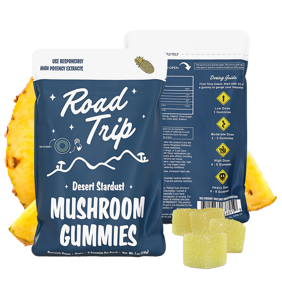 Road Trip Pineapple Mushroom Gummies – front and back of pouch shown with yellow gummies and pineapple slices.