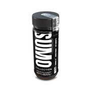 Angled image of the Half Bak’d Slushie Sumo Gummies jar showing vertical SUMO logo and silver flavor tag marked “SLUSHIE.” The label lists 10,000mg total cannabinoids, with 25 gummies per jar.