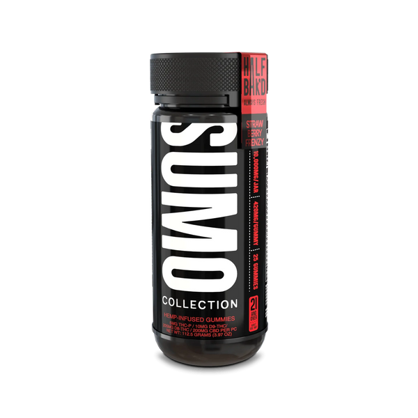 Half Bak’d Strawberry Frenzy Sumo Gummies – High Potency 25ct Jar Angled View