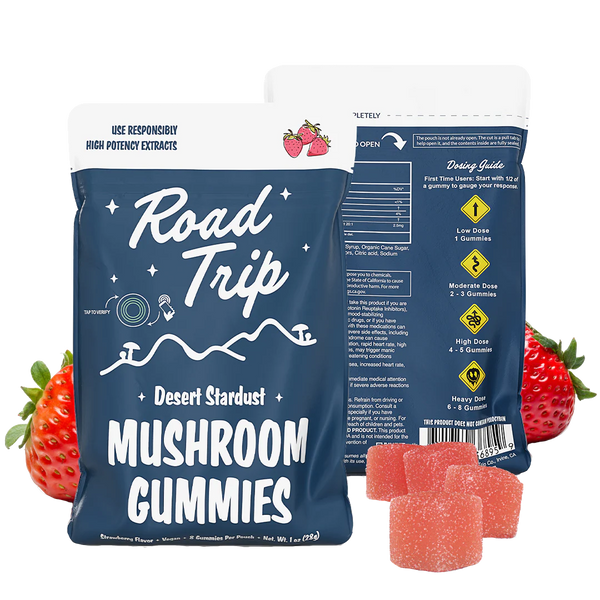 Road Trip Strawberry Mushroom Gummies – front and back of pouch shown with red gummies and strawberries.