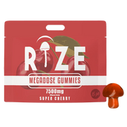 Front of Rize Super Cherry Mushroom Gummies package featuring sleek design and bold cherry-inspired artwork
