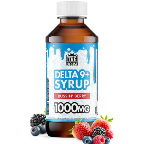 Front of Bussin Berry THC Syrup bottle with vibrant berry-themed design