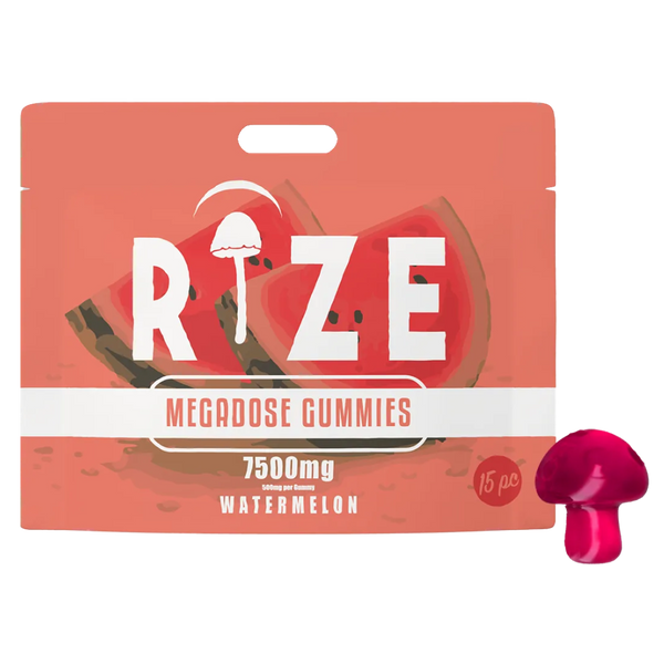 Front of Rize Watermelon Mushroom Gummies package featuring sleek design and vibrant watermelon-inspired artwork