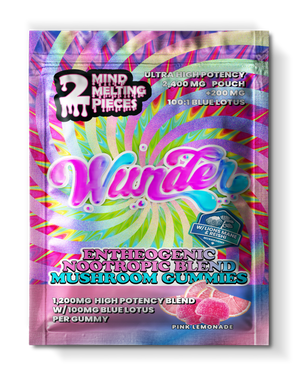 Front of 2ct Pink Lemonade Mushroom Gummies with Blue Lotus package featuring vibrant pink lemonade-inspired artwork with sleek, modern design