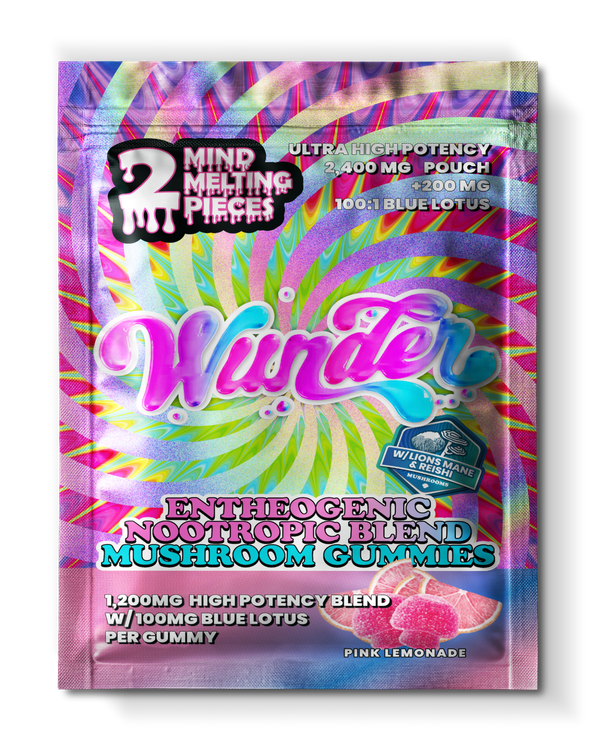 Front of 2ct Pink Lemonade Mushroom Gummies with Blue Lotus package featuring vibrant pink lemonade-inspired artwork with sleek, modern design